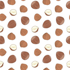 Seamless pattern with shelled and whole hazelnuts on white background. Hand drawn vector seamless pattern, eps10. For backgrounds, packaging, ads, interiors, labels and other designs.