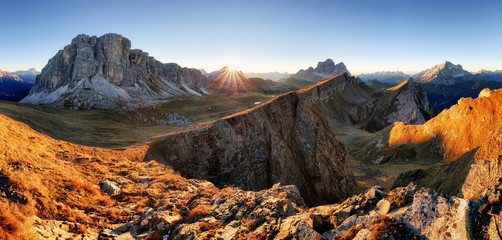 Mountain panorama at autumn sunrise, Dolomites, Italy, Mt. Pelmo - obrazy, fototapety, plakaty