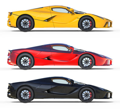 Fototapeta The set of three fast sports cars yellow, red and black. 3d illustration.