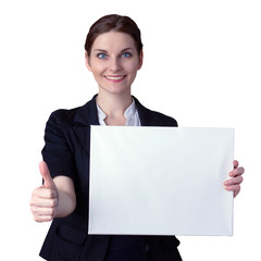 Smiling businesswoman standing over white isolated background