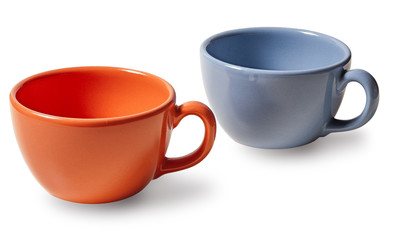 two cups of coffee, orange and blue on a white background