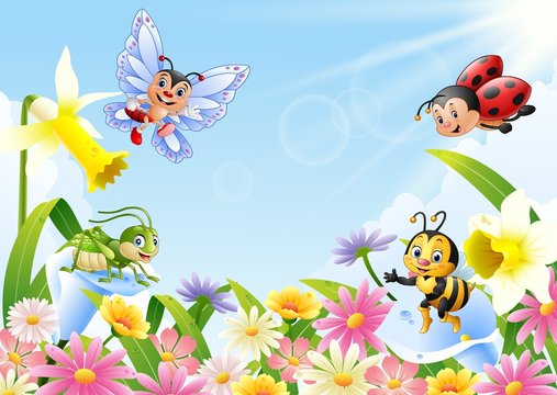 Cartoon insects on flower field


