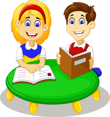 funny little girl and boy cartoon studying together