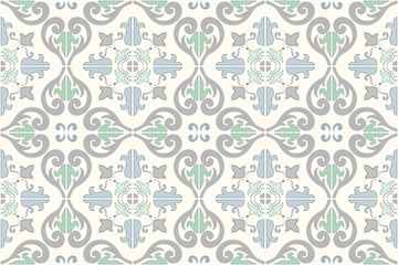 Traditional ornate portuguese and brazilian tiles azulejos. Faded dingy worn colors azulejo tiles. Worn look. Vintage pattern. Abstract background. Vector illustration, eps10. 