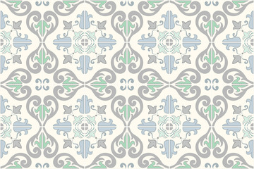 Traditional ornate portuguese and brazilian tiles azulejos. Faded dingy worn colors azulejo tiles. Worn look. Vintage pattern. Abstract background. Vector illustration, eps10. 