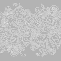Obraz premium Beautiful abstract lace ornament, white hand drawn fanciful doodle on grey background. Vector illustration.