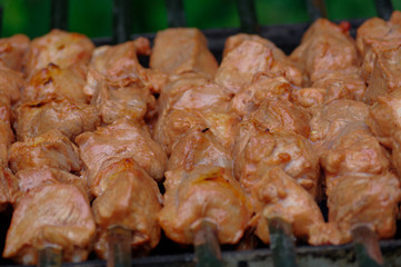 Shashlik on skewers closeup, raw and cooked