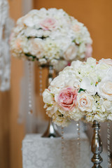 Beautiful flowers on table. Wedding day decoration