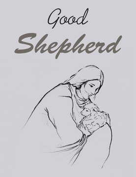 Jesus holding a lamb in his arms drawing line art illustration with word Good Shepherd; Christianity art of faith hope and love.