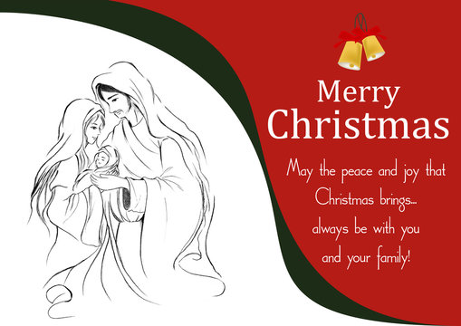 Merry Christmas with blessing words and drawing of baby Jesus Mary and Joseph