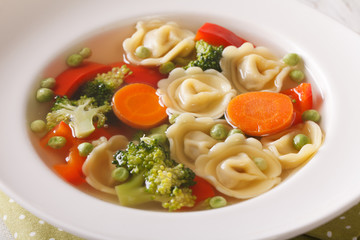 Italian soup with tortellini and vegetables macro. horizontal
