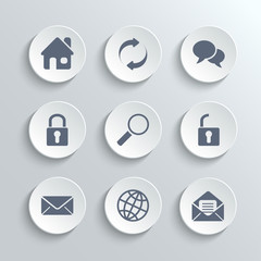 Web icons set - vector white round buttons with home refresh speech bubble lock search unlock mail globe