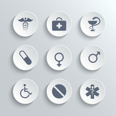 Medical icons set - vector white round buttons with first aid kit caduceus pills man woman gender and disabled symbols