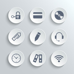Office icons set - vector white round buttons with lock key credit card disk clip pen headphones clock folder wi-fi zone