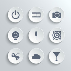 Multimedia icons set - vector white round buttons with power film camera webcam party disco game cloud cocktail symbols