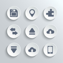 Web icons set - vector white round buttons with pin puzzle synchronization up down arrows cloud download upload phone diskette