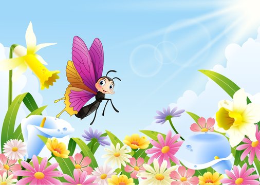 Cute butterfly flying on flower field

