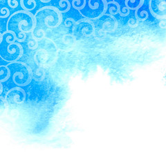 Vector blue watercolor background with floral swirl pattern.