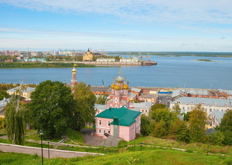 Fototapeta na wymiar View of the embankment of the Volga and the Christmas Church in Nizhny Novgorod