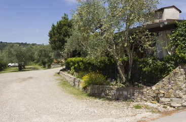 Fototapeta na wymiar Outdoor view of Restaurant on Tuscan hills, surrounded by nature