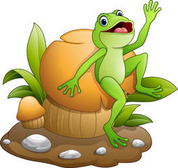 Cute frog dancing with mushroom