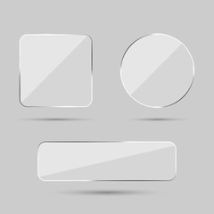 Set of 3d realistic transparent glass buttons: square with round corners ans circle. Vector illustration.
