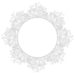 Fanciful hand drawn floral ornament with circle in the center for text, on white background. Vector illustration