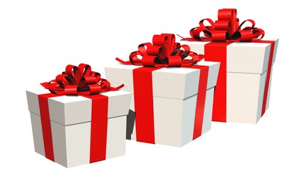 Presents gift boxes with red ribbons isolated on white 