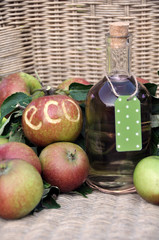 Säsongens nyskördade äpplen. Ekologisk och närproducerat. En flaska hemmagjord saft vid sidan. 