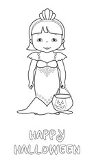 Happy halloween coloring page with cute mermaid