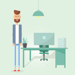 Young businessman standing at the table. Flat design vector illustration of businessman and modern office interior.