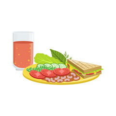 Sandwich, Vegetables And Tomato Juice Breakfast Food  Drink Set