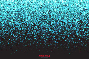Abstract bright cyan shimmer glowing round falling particles vector background. Scatter shine tinsel light explosion effect. Sparkle blue dots. Celebration, holidays and party illustration