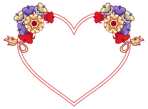Heart-shaped frame with decorative flowers. 