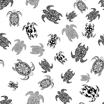 Black turtles on the white background. Seamless pattern. Can be used for wallpaper, fabric, wrapping paper