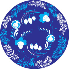 Vector illustration of circle made of flowers and leaves. Round shape made of leaves and flowers. Russian style