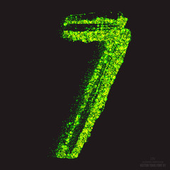 Vector grunge toxic font 001. Number 7. Abstract acid scatter glowing bright green color particles background. Radioactive waste. Zombie apocalypse. Grungy shape. Hand made design element
