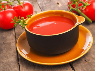 Delicious gazpacho in a rustic bowl