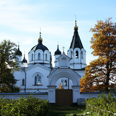 Skete of All Saints on the Valaam island. Aged photo. Beautiful churches. All Saints monastery. Karelia, Russia.
