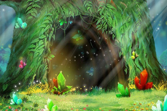 Mystery Tree Hole. Video Game's Digital CG Artwork, Concept Illustration, Realistic Cartoon Style Background
