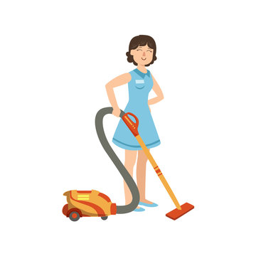 Hotel Professional Maid Cleaning The Floor With Hoover Illustration