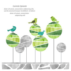 Abstract watercolor forest with cute birds. Eco friendly concept. Vector illustration. 