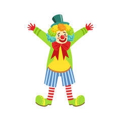 Colorful Friendly Clown With Multicolor Wig In Classic Outfit