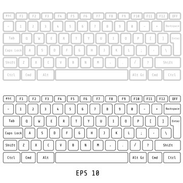 White computer keyboard button layout template with letters for