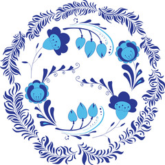 Vector illustration of circle made of flowers and leaves. Round shape made of leaves and flowers. Russian style