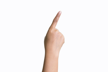 A shot of a hand pointing a finger isolated on white background.
