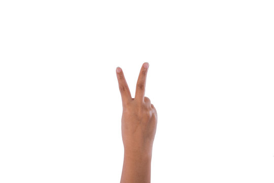 Hand with two fingers up in the peace or victory symbol. Also th