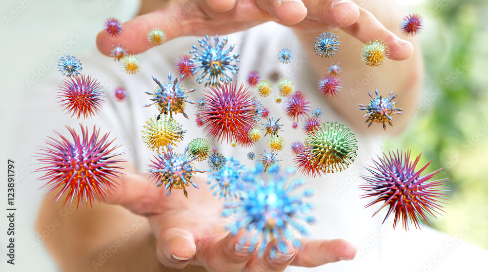 Poster close up on a sick man hand transmitting virus 3d rendering