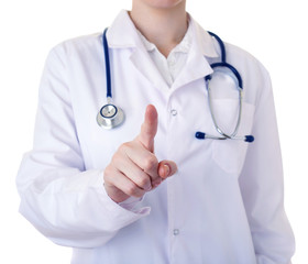 Female doctor assistant in white coat over isolated background