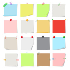 Note paper set. Vector notes, post memo papers isolated on white background
